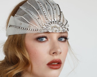 Gatsby style headpiece with glass beads, art deco accessory, 20's inspired bridal cap,flapper style headpiece, cap, vintage stirnband dangle