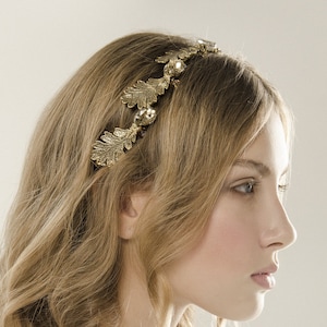 Golden bridal wreath, bohemian hair accessory, back of the veil headpiece with oak tree leaves and swarovski crystals, crown in gold image 1