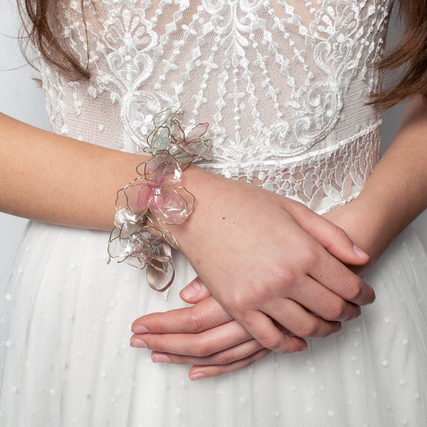 Couture glass imitating floral bracelet, bridal accessory,bracelet for a bride, floral whimsical bridesmaids accessory,flower girls bracelet