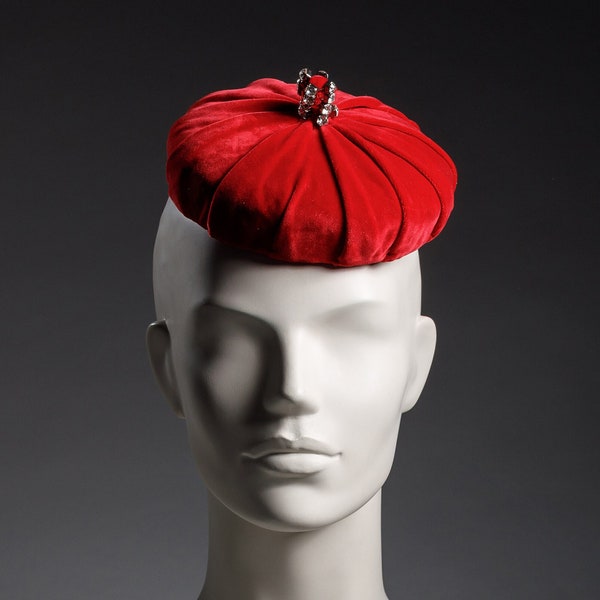 Classic red pillbox hat, retro style millinery, red velvet vintage inspired headpiece, special occasion hat, cocktail hat, small derby hat