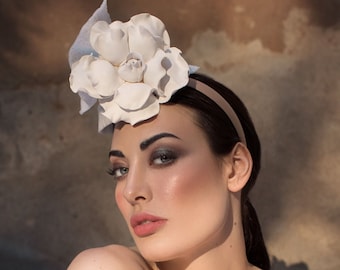 Ashleigh - modern millinery hat, plexiglas and rose white  headpiece, race hat,millinery for a special occasion, Derby hat, racecourse