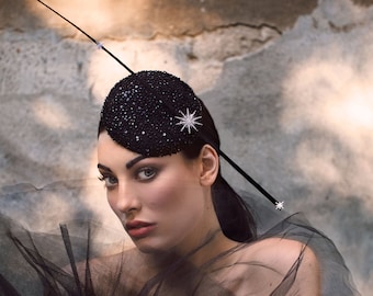 Miranda- Sparkly black celestial pill box, occasional headwear, vintage inspired headpiece,races hat, evening mini hat, special occasion hat