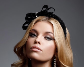 Velvet black padded headband with a bow, luxury accessory for a stylish lady, super soft hair accessory with crystals headband, casual