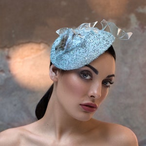 Annet - soft turquoise tear drop hat, vintage inspired headpiece, race hat,millinery for a special occasion, Derby hat, racecourse