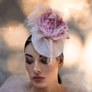 Alana- soft pink pill box hat with peony, vintage inspired headpiece, race hat,millinery for a special occasion, Derby hat, racecourse