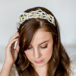 Golden headband with intricate leaves for a modern bride,  bohemian accessory, ostrich feather crown, woodland autumn headpiece, divine