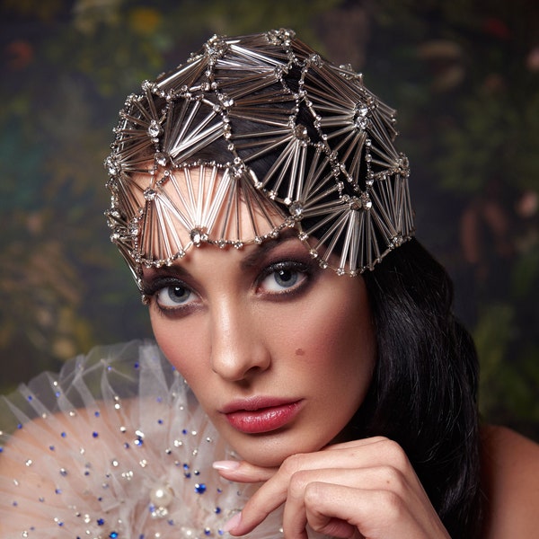 Accesorio art déco de geometría 3D de lujo, gorra inspirada en el Gran Gatsby, tocado nupcial alternativo, accesorio geométrico vintage de los años 20 para novia