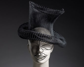 Top hat, cylinder hat, fashion top hat in editorial style, crin black headpiece, derby hat, horse race millinery, theatrical headpiece