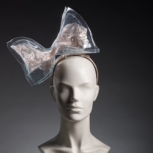 Oversized clear plexiglass bow,race course millinery, wedding bow hat, elegant statement wedding hat, fashionable bride, stylish editorial