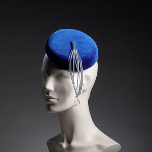 sapphire blue, royal blue round pillbox hat with silver dangles,small round hat, unusual designer hat, velvet hat, mini hat, quirky headpiec