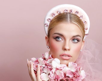 Samt Baby rosa gepolstertes Stirnband, Luxus-Accessoire für eine stilvolle Dame, super weiches rosa Haarschmuck mit Kristallen Stirnband, lässig