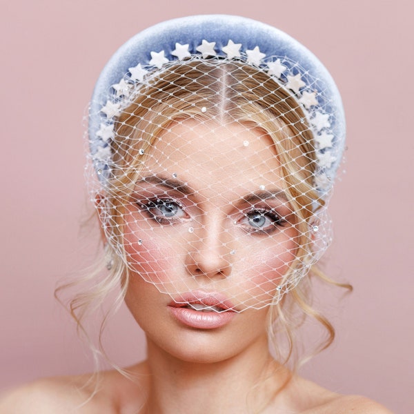 Velvet pink padded headband, luxury accessory for a stylish lady, super soft sky blue hair accessory with stars, celestial headband, casual
