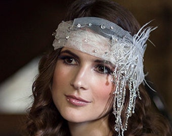 Gatsby style headpiece with glass beads, feathers, art deco accessory, 20&#39;s inspired bridal headband, ivory tulle flapper style head piece