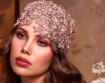 Bohemian style cap, lace embroidered rose-gold tulle cap, Great Gatsby inspired headpiece,alternative veil, secret garden party headpiece
