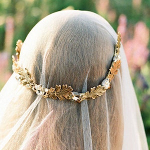 Golden bridal wreath, bohemian hair accessory, back of the veil headpiece with oak tree leaves and swarovski crystals, crown in gold image 2