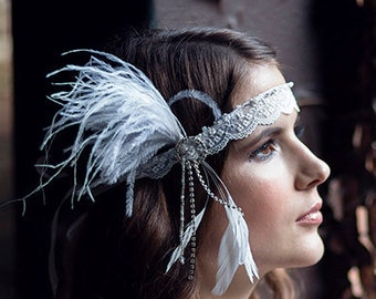 Gatsby style headpiece with glass beads, feathers, art deco accessory, 20's inspired bridal headband, french lace flapper style head piece