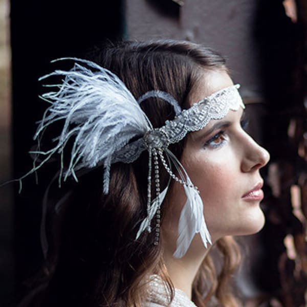 Tocado estilo Gatsby con cuentas de vidrio, plumas, accesorio art déco, diadema nupcial inspirada en los años 20, tocado estilo flapper de encaje francés