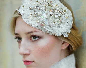 Fashionable bridal beaded lace headpiece, fascinator for a bride, cap style, Grace Kelly style headpiece, juliette cap, vintage inspired