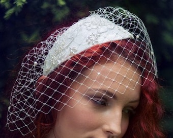Bridal vintage inspired lace side fascinator with a birdcage in white.