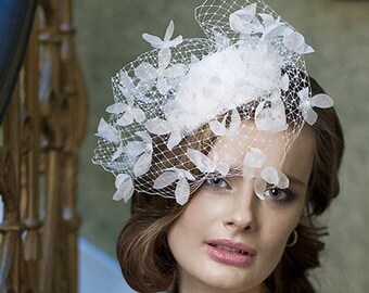 Bridal fascinator with a birdcage covered with silk flowers, white headpiece for a bride, wedding headpiece, unusual hair accessory