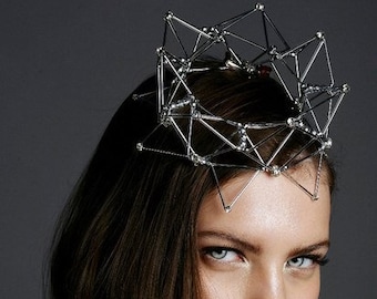 Geometric crown, fashionable statement headpiece, unusual chromo hair accessory, geometry trend for stylish women, geometric crown, 3D style