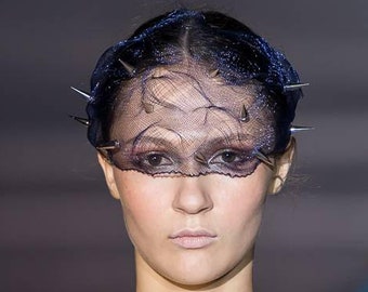 Black crin  birdcage with spikes, statement headpiece, turnheads,  veiling, dark bridal veil, fashion headpiece in black