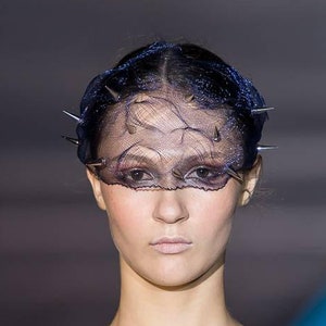 Black crin  birdcage with spikes, statement headpiece, turnheads,  veiling, dark bridal veil, fashion headpiece in black
