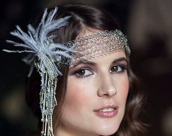 Gatsby style headpiece with glass beads, feathers, art deco accessory, 20's inspired bridal headband,silver crochet style head piece