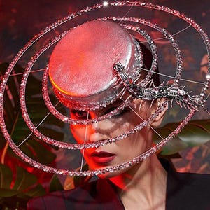 Futuristic Silver Circular Headpiece with Crystal Insect, Elegant Handmade Hat, Luxury hatinator, Designer Millinery, avant garde headpiece