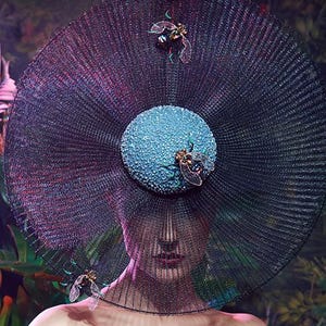 May include: A dramatic fashion piece featuring a large, black mesh hat with a central blue accent and insect embellishments. The hat is the focal point, set against a backdrop of lush green foliage. The model is wearing black gloves and holding a large green leaf.