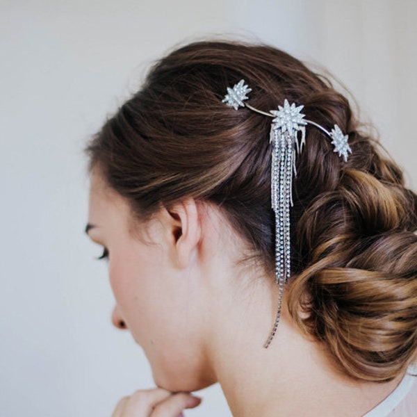 Star design comb, bridal hair comb with dangles, gatsby inspired hairpiece,bridal accessory with stars, modest hair accessory, beretkah comb