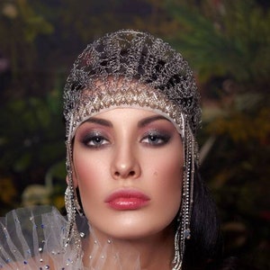 Von Gatsby inspiriertes silbergraues Kronen-Headpiece mit Anhängerchen, Art Deco, dekoratives Accessoire für die Braut