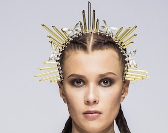 MET GALA halo, statement crown, heavenly crown, sunburst wreath, royal headpiece, burning man headwear, Secret Garden Party, high fashion