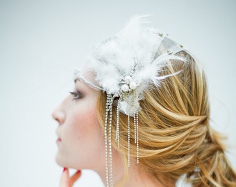 Great Gatsby inspired feather and tulle beaded cap,fashionable bridal headpiece, vintage inspired bridal hair accessory