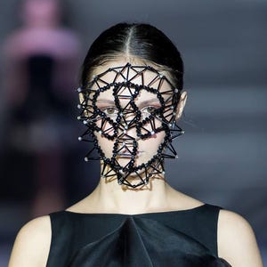 Unusual geometric goth inspired face mask, contemporary mask, unique glass black mask, geometric headpiece, geometry accessory, 3D art