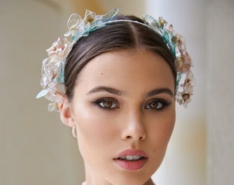 Soft pastel colours couture glass imitating floral crown, bridal wreath, bridal headpiece, floral whimsical accessory, wedding headpiece