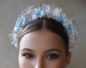 Couture glass imitating floral crown in sky blue, bridal wreath, bridal headpiece, floral whimsical garland, wedding hair accessory