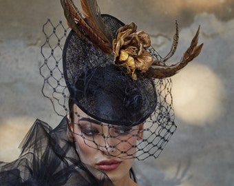 Riina black hatinator with  feathers and rose, vintage inspired headpiece, race hat, millinery for a special occasion, Derby hat, racecourse