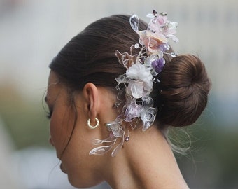 Pastel colours couture glass imitating floral side headpiece,  bridal accessory,  floral whimsical comb, wedding clear headpiece