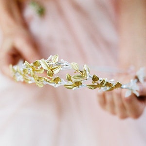 Golden bridal crown for woodlands bride,floral crown in gold with leaves,tender bridal headpiece, bridal accessory, rustic bridal headpiece image 2