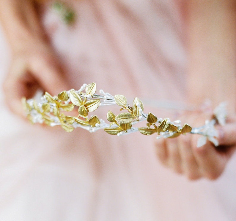 Golden bridal crown for woodlands bride,floral crown in gold with leaves,tender bridal headpiece, bridal accessory, rustic bridal headpiece image 2