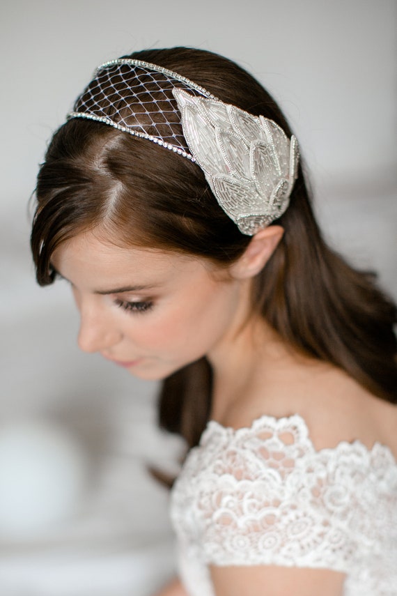 Gatsby Style Headpiece With Embroidered Leaves, Feathers  display picture 1