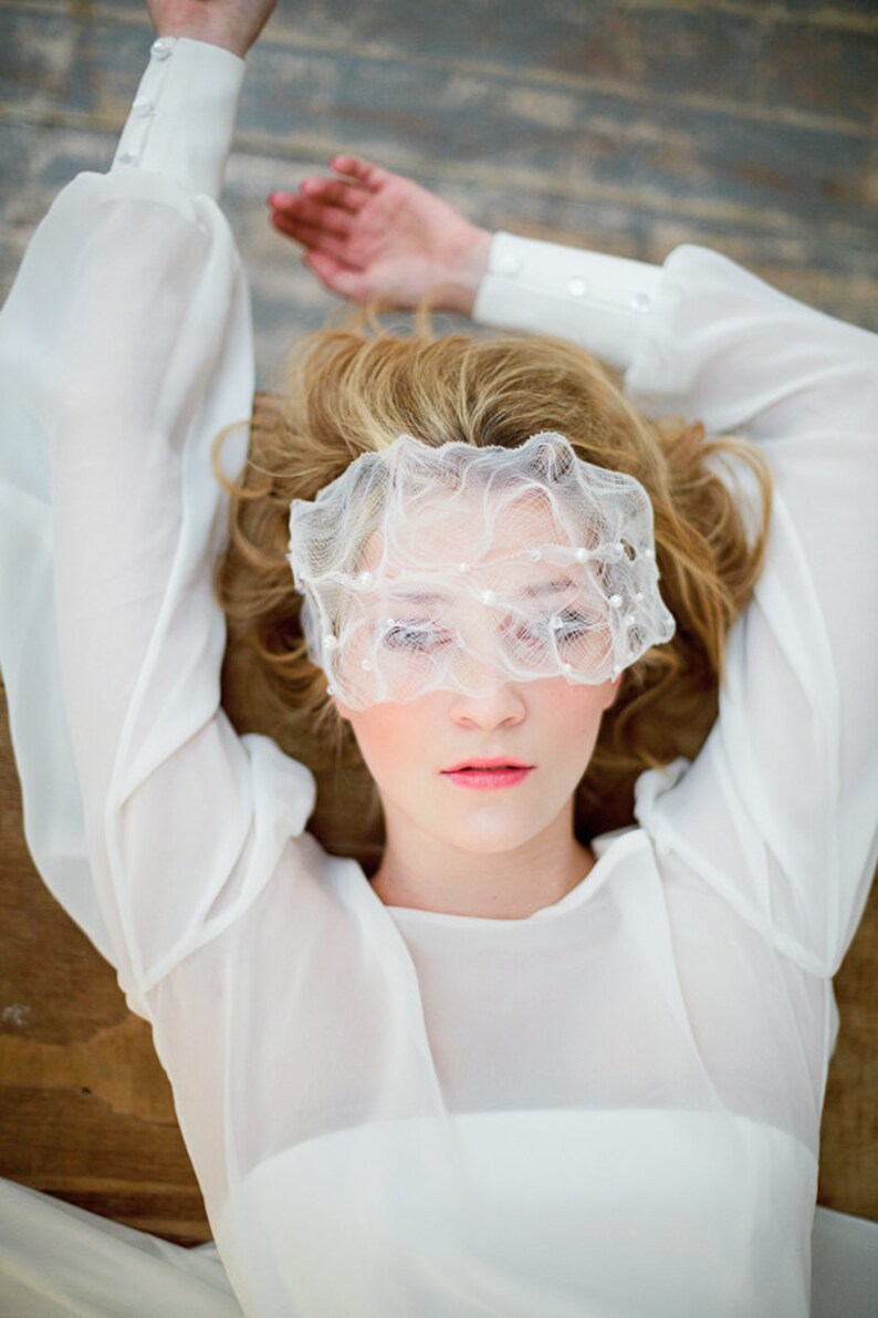 Unconventional veil, crinoline, beaded birdcage, face cover, for a bride with exceptional style, stylish headpiece, image 1