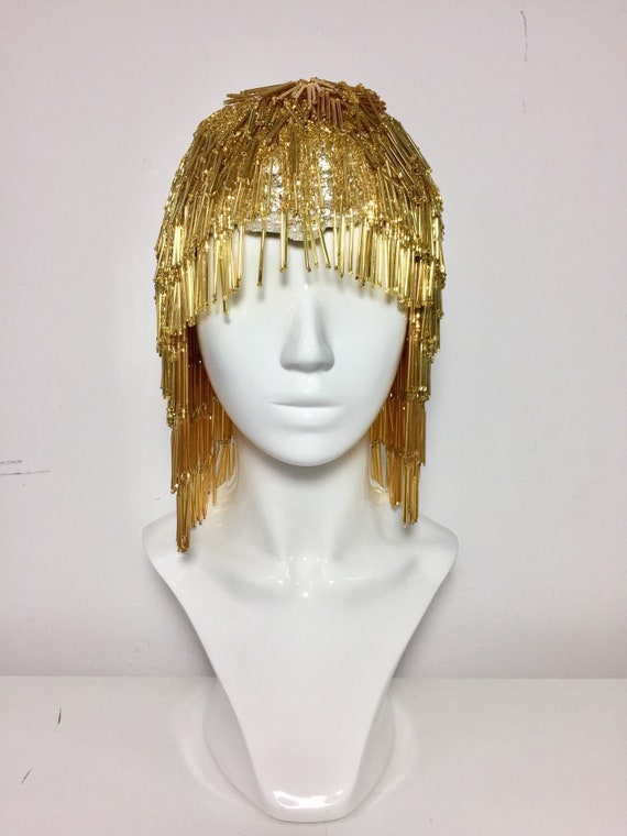 CARNEVAL, burlesque show headpiece, opulent golden wig,fake hair wig, statement hair accessory, costume design crown,burning man wig, gatsby