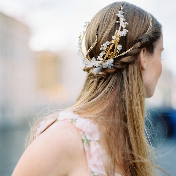 Golden hair accessory for a woodlands bride hairvine in gold Etsy