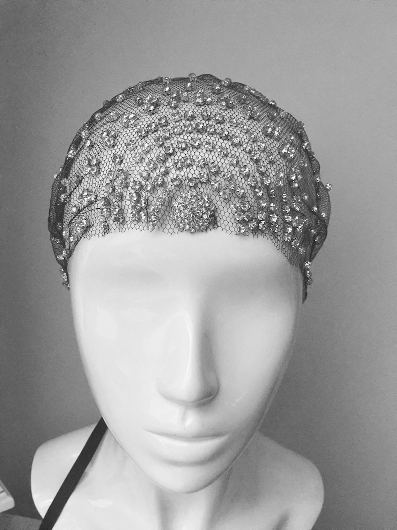 Diamonties embroidered tulle cap, Great Gatsby inspired headpiece, alternative veil, unusual bridal headpiece, 20's vintage flapper style image 5