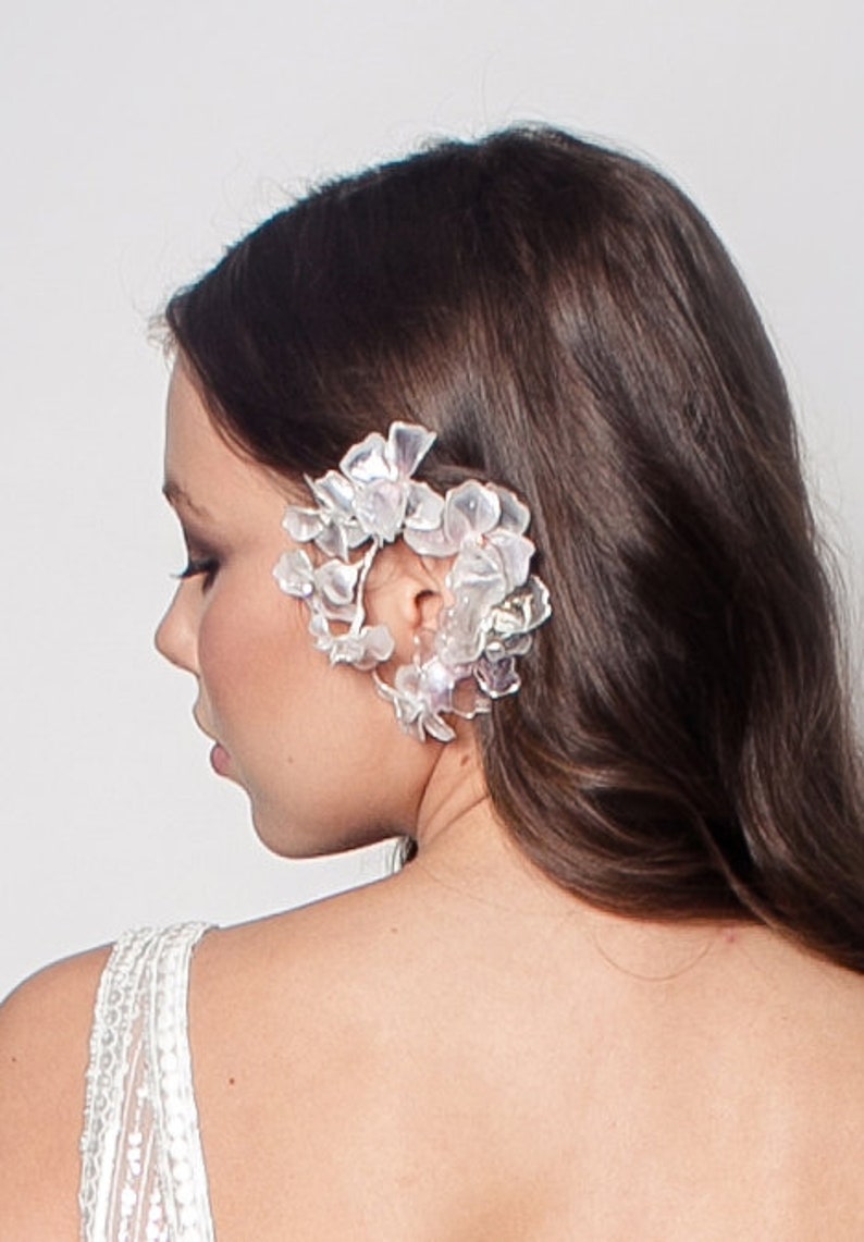 Tender soft white bridal ear cuff, bridal jewelry, bohemian bride accessory, soft wire whimsical bridal ear cuff, glass flowers image 1