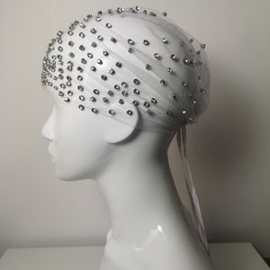 Flapper style cap, Diamonties embroidered tulle cap, Great Gatsby inspired headpiece, alternative veil, 20's vintage flapper style, sparkle image 8