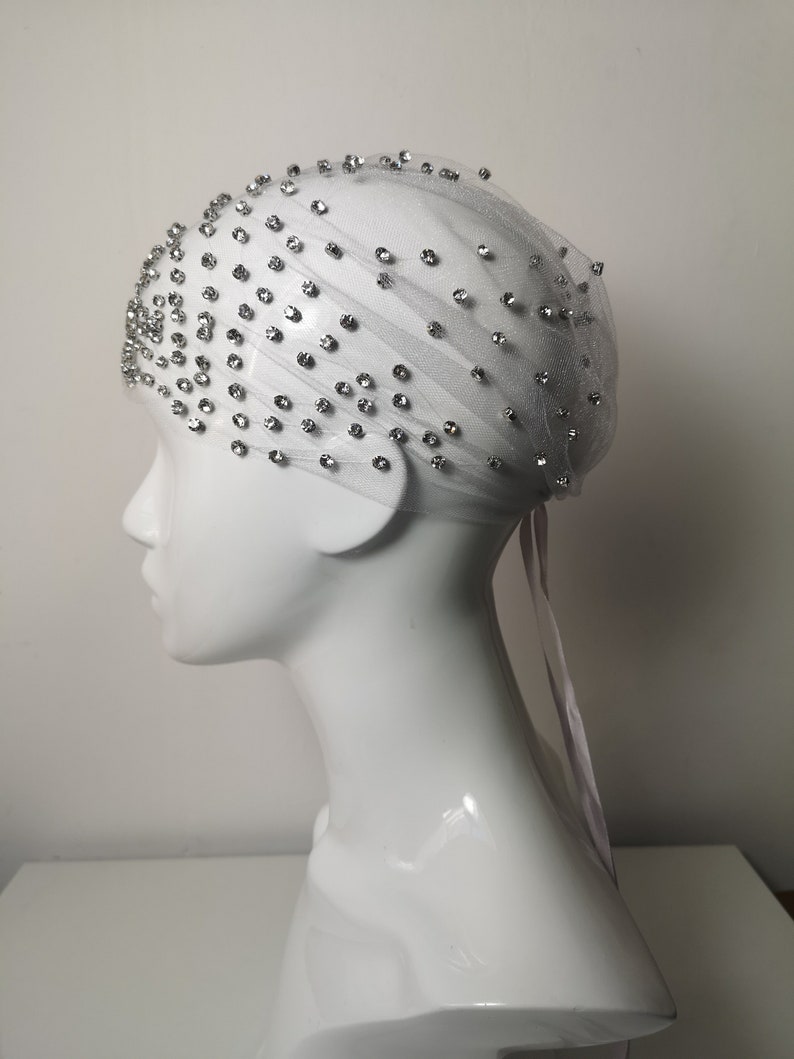 Flapper style cap, Diamonties embroidered tulle cap, Great Gatsby inspired headpiece, alternative veil, 20's vintage flapper style, sparkle image 8