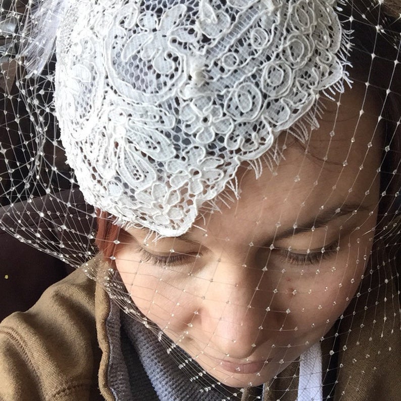 Grace Kelly style headpiece Juliette cap fascinator for a bride cap style vintage inspired Fashionable bridal beaded lace headpiece